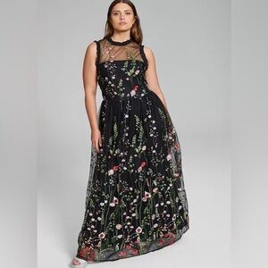 Morgan & Co|Fully Embroidered Floral Black maxi dress,sleeveless & fairy style•